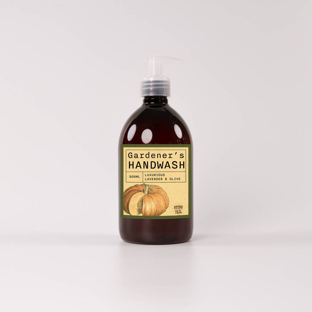 Bottle of Gardener's Handwash with a label on a white background